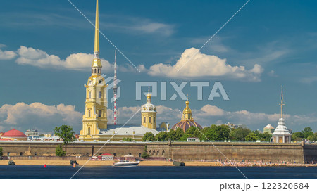 Peter and Paul Fortress across the Neva river timelapse hyperlapse, St. Petersburg, Russia 122320684
