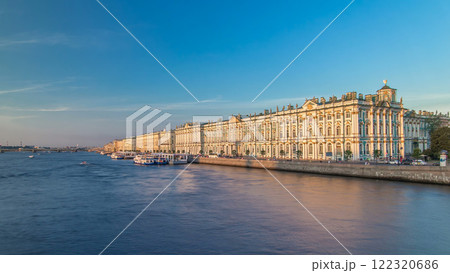 The winter Palace timelapse hyperlapse and pier on the Palace embankment clear day in summer in Saint-Petersburg 122320686