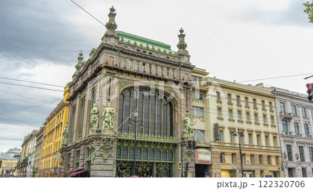 Traffic on Nevsky prospect near Eliseevsky store timelapse hyperlapse - the Comedy Theatre. ST. St. Petersburg, Russia. 122320706