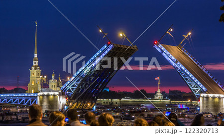 View of the opening Palace Bridge timelapse, which spans - the spire of Peter and Paul Fortress 122320713