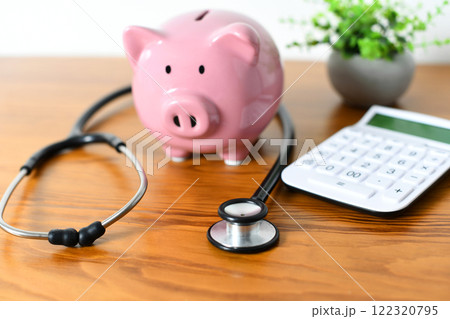 聴診器と豚の貯金箱の医療費のイメージ 122320795