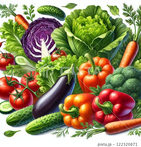鮮やかな野菜のイラストセット・健康的で自然なデザイン 鮮やかな野菜のイラストセット・健康的で自然なデザイン 122320871