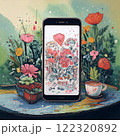 画面とプレゼントの花束で愛を語るホワイトデーデート 122320892