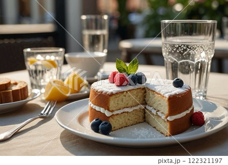 オープンカフェで食べるフルーツケーキ オープンカフェで食べるフルーツケーキ 122321197