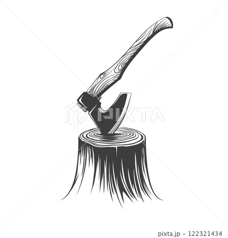 Woodcutters axe stuck in stump 122321434