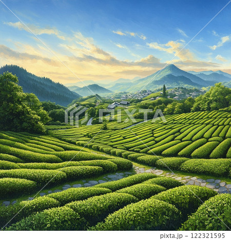 夕暮れに染まる日本の美しい茶畑の風景 122321595