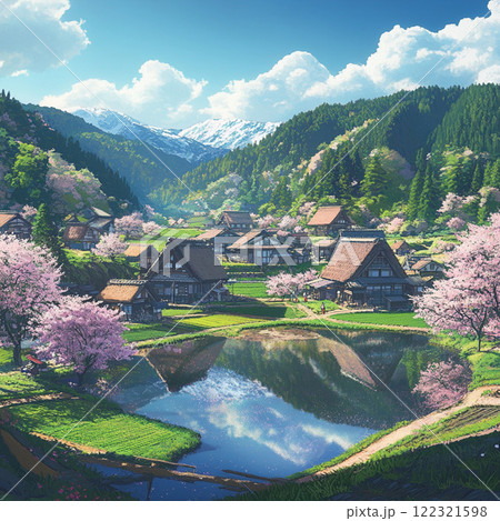 春風薫る日本の山里、合掌造りの美しき風景 122321598