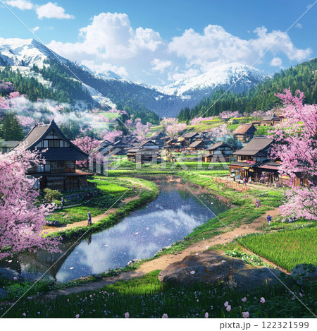 春爛漫、雪解けの里に咲く桜と茅葺きの家々 122321599