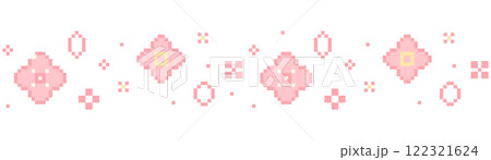 Sakura pixel seamless border, cherry flowers, petal blossom. 8 bit retro game decoration. Chinese plum spring ornament. Sakura pixel seamless border, cherry flowers, petal blossom. 8 bit retro game decoration. Chinese plum spring ornament. 122321624