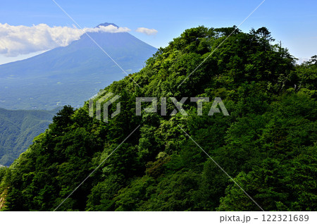 御坂山地の鬼ヶ岳より夏の富士山と緑の雪頭ヶ岳を望む 122321689