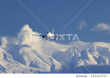 十勝岳を背に着陸する旅客機 122321717