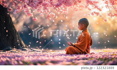 A young monk meditates peacefully under a blooming Sakura tree. The concept of mindfulness, spiritual harmony, and the beauty of nature. Generative AI. 122321889
