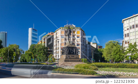 Statue of Giuseppe Verdi, in the front of Casa Verdi timelapse hyperlapse Milan, Italy 122321930