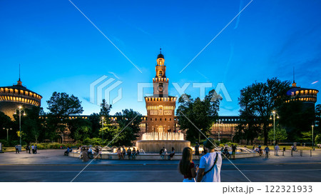Main entrance to the Sforza Castle and tower - Castello Sforzesco day to night timelapse, Milan, Italy Main entrance to the Sforza Castle and tower - Castello Sforzesco day to night timelapse, Milan, Italy 122321933