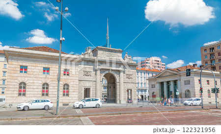 Old Porta Garibaldi monument arch timelapse hyperlapse and modern buildings of Porta Garibaldi, in Milan. Old Porta Garibaldi monument arch timelapse hyperlapse and modern buildings of Porta Garibaldi, in Milan. 122321956