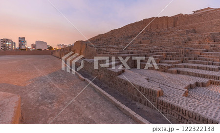 Pyramid of Huaca Pucllana day to night timelapse, pre Inca culture ceremonial building ruins in Lima, Peru 122322138