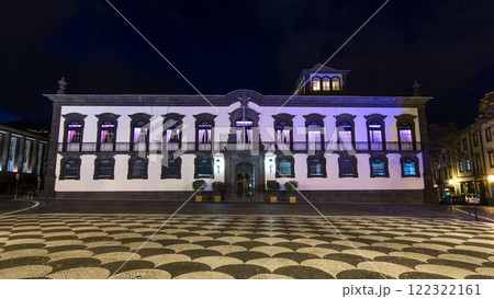 Funchal town hall and square with a fountain at night timelapse hyperlapse. Madeira, Portugal. 122322161