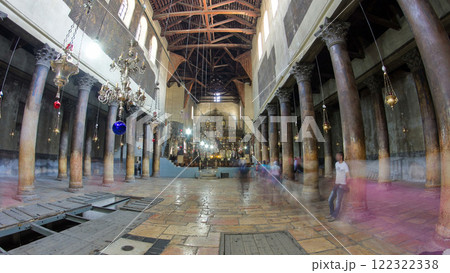 Church of the Nativity interior with hall colonnade in Bethlehem timelapse hyperlapse. 122322338