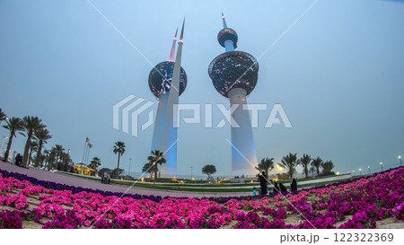 The Kuwait Towers day to night timelapse - the best known landmark of Kuwait City. Kuwait, Middle East 122322369