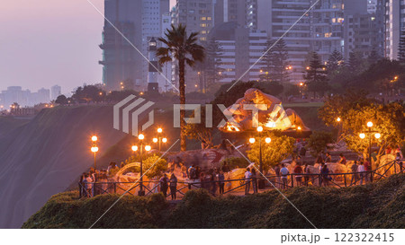 El Parque del Amor or Love park day to night timelapse in Miraflores after sunset, Lima, Peru. 122322415