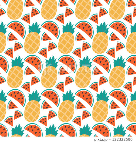 Watermelon slices with seeds and Whole Pineapple Seamless Pattern on transparent background concept Watermelon slices with seeds and Whole Pineapple Seamless Pattern on transparent background concept 122322590