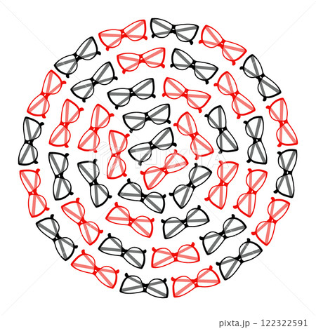 Stylized Eyeglasses Red and Black framing with clear lens Circular filled Background texture concept Stylized Eyeglasses Red and Black framing with clear lens Circular filled Background texture concept 122322591