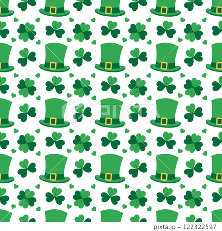 Leprechaun hat, Quatrefoil, Shamrock and Decorative hearts in monochrome green. St Patrick Day fond Leprechaun hat, Quatrefoil, Shamrock and Decorative hearts in monochrome green. St Patrick Day fond 122322597