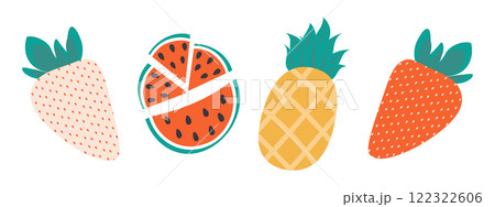 White and Red Strawberry, watermelon slices and pineapple. Summer seasonal fruits design element Set White and Red Strawberry, watermelon slices and pineapple. Summer seasonal fruits design element Set 122322606