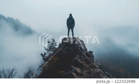 Man Standing on a Foggy Mountain Ridge Overlooking the Misty Landscape 122322696