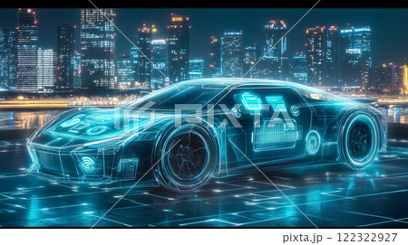 夜の高速道路に走行している黒色の未来的な自動運転電動スポーツカー 夜の高速道路に走行している黒色の未来的な自動運転電動スポーツカー 122322927