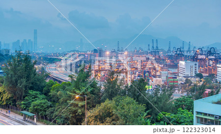 Hong Kong Skyline and Container Terminal day to night aerial timelapse 122323014