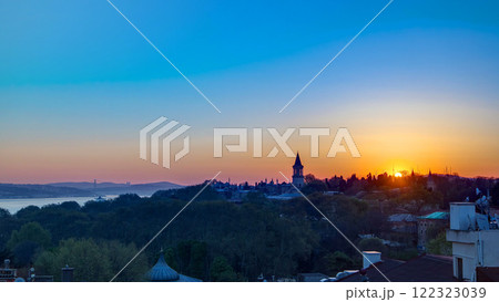Sunrise at the Istanbul from top with Bosphorus Bridge and Topkapi Palace Museum timelapse - Istanbul - Turkey 122323039