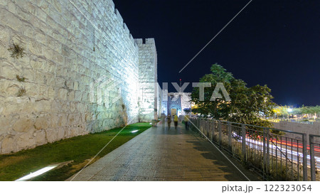 Walls of Ancient City at Night timelapse hyperlapse, Jerusalem, Israel 122323054