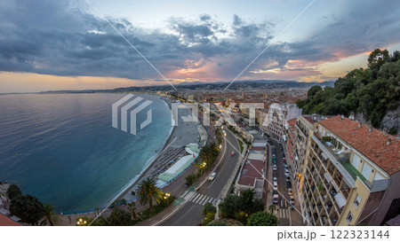 Panorama over Nice city and Mediterranean Sea aerial day to night timelapse Panorama over Nice city and Mediterranean Sea aerial day to night timelapse 122323144