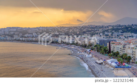 Sunset over Nice city and Mediterranean Sea aerial timelapse 122323146