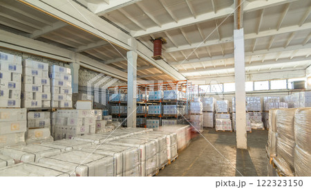 Forklift loader and cargo boxes storing at warehouse timelapse hyperlapse 122323150