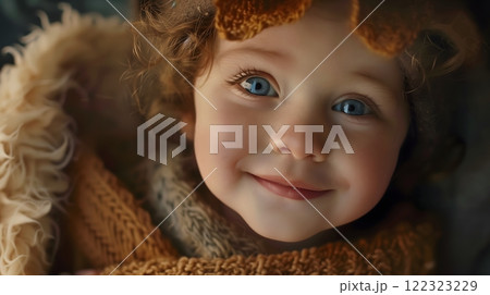 Close-Up of a Smiling Girl with Bright Blue Eyes in a Knitted Sweater 122323229