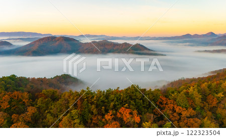 紅葉で色づく山とその先に広がる雲海 122323504