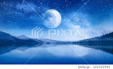 月夜の湖と幻想的な星空4 月夜の湖と幻想的な星空4 122323542