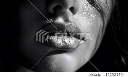 Monochrome Close-Up of Glossy Lips with Dramatic Lighting 122323594