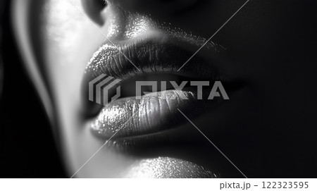 Monochrome Close-Up of Glossy Lips with Subtle Highlights 122323595