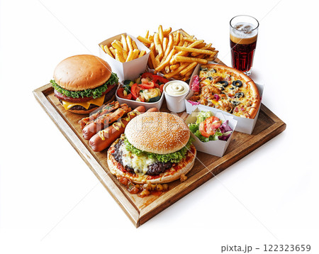 delicious assortment of fast food including burgers, fries, pizza, and hot dogs. ai generative delicious assortment of fast food including burgers, fries, pizza, and hot dogs. ai generative 122323659