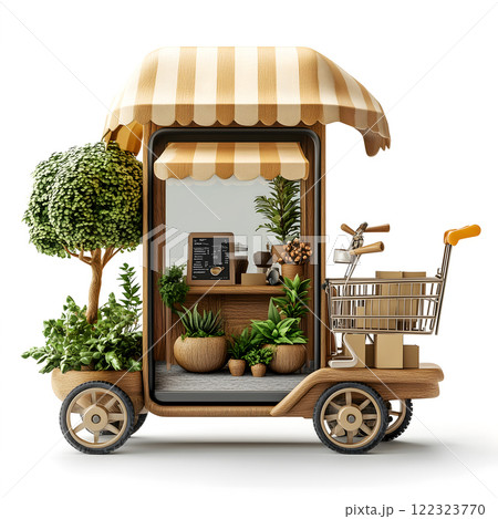 mobile coffee shop with plants and shopping cart on smartphone screen. ai generative 122323770