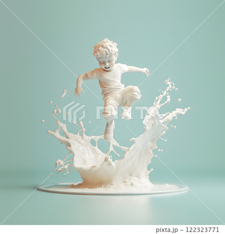 joyful child made of milk splashes dynamically against pastel background. ai generative 122323771