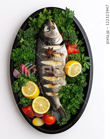Whole grilled fish with lemon, herbs, and vegetables on black platter. ai generative 122323947