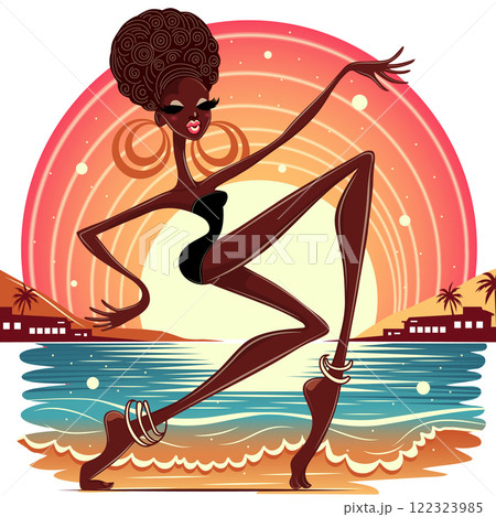 African American woman dancing on the background of the ocean and sun. sunny vector illustration poster 122323985