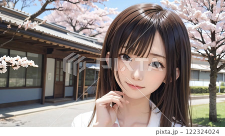 桜と若い日本人女性 122324024