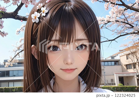 桜と若い日本人の女性 122324025