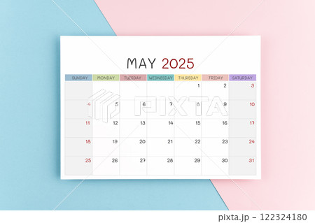 May 2025 calendar page on blue and pink background. 122324180
