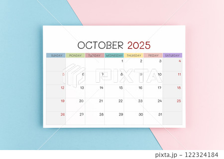 October 2025 calendar page on blue and pink background. 122324184